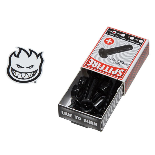A box of Spitfire black hardware with the Spitfire logo sticker shown separately on a white background.