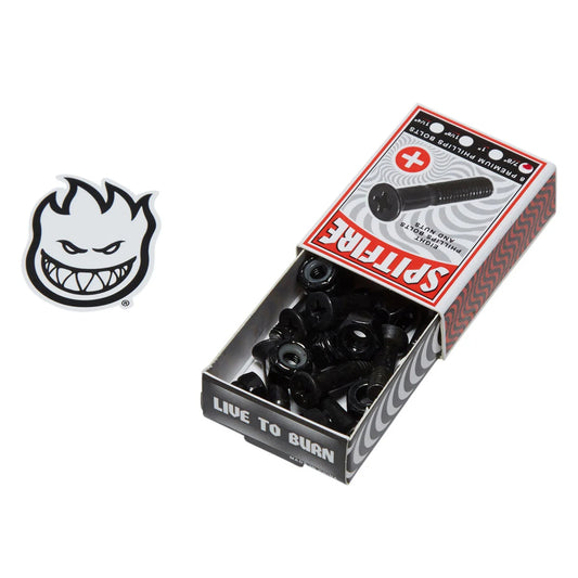 A box of black skateboard bushings with the brand Spitfire packaging, shown alongside a Spitfire logo decal on a plain white background.