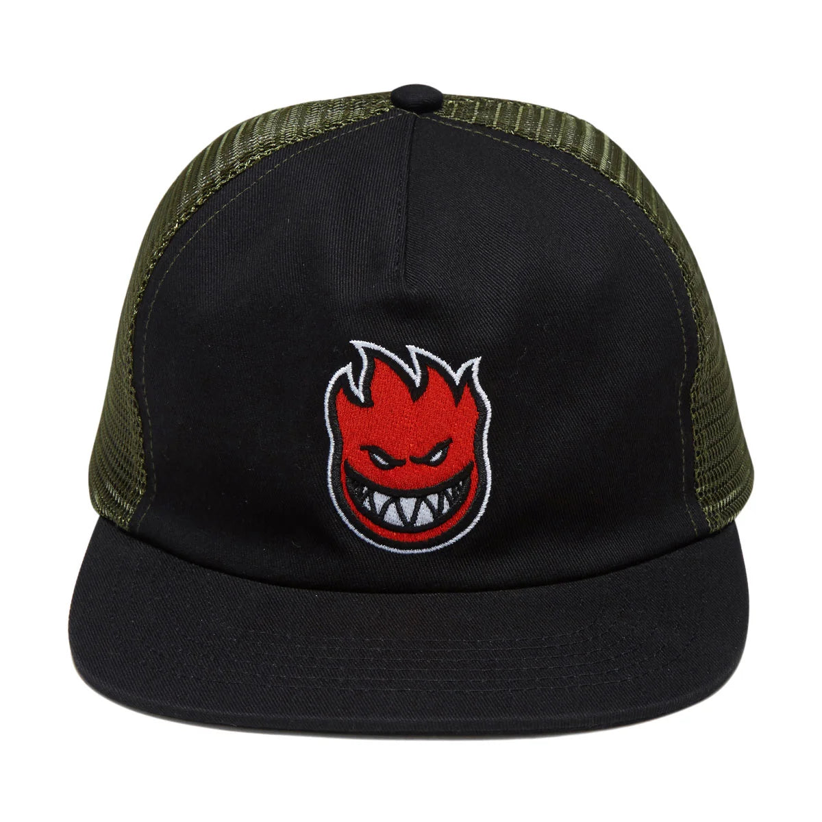 A black trucker hat with olive green mesh back panels and a red embroidered flame logo on the front, set against a plain white background.