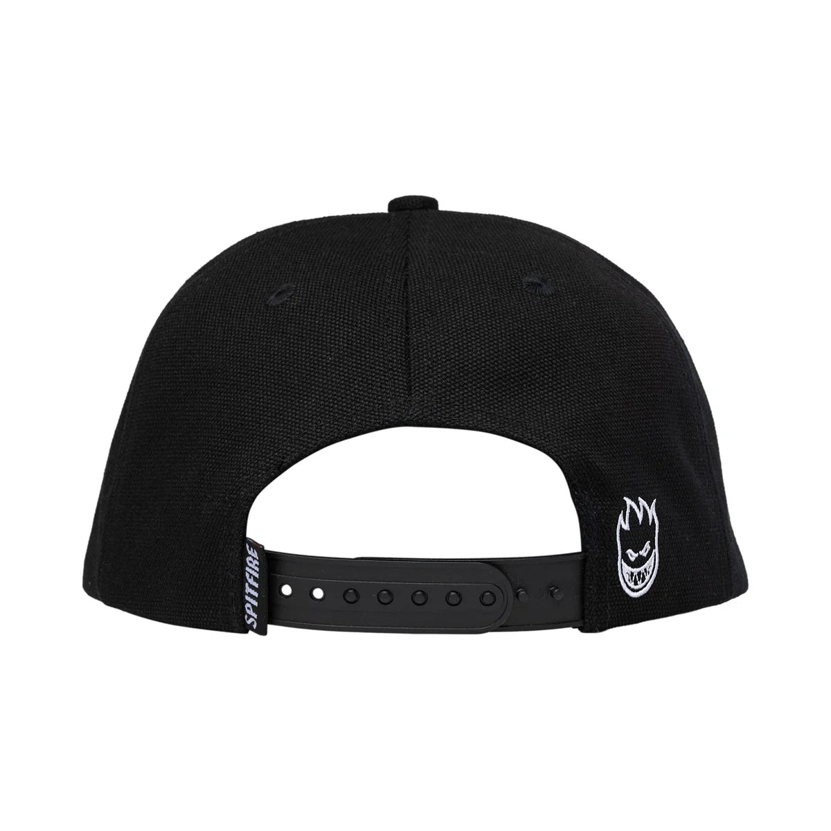 Back view of a black flat-brim cap with an adjustable black strap, featuring a white graphic logo on the side and a vertical white brand tag on the back.