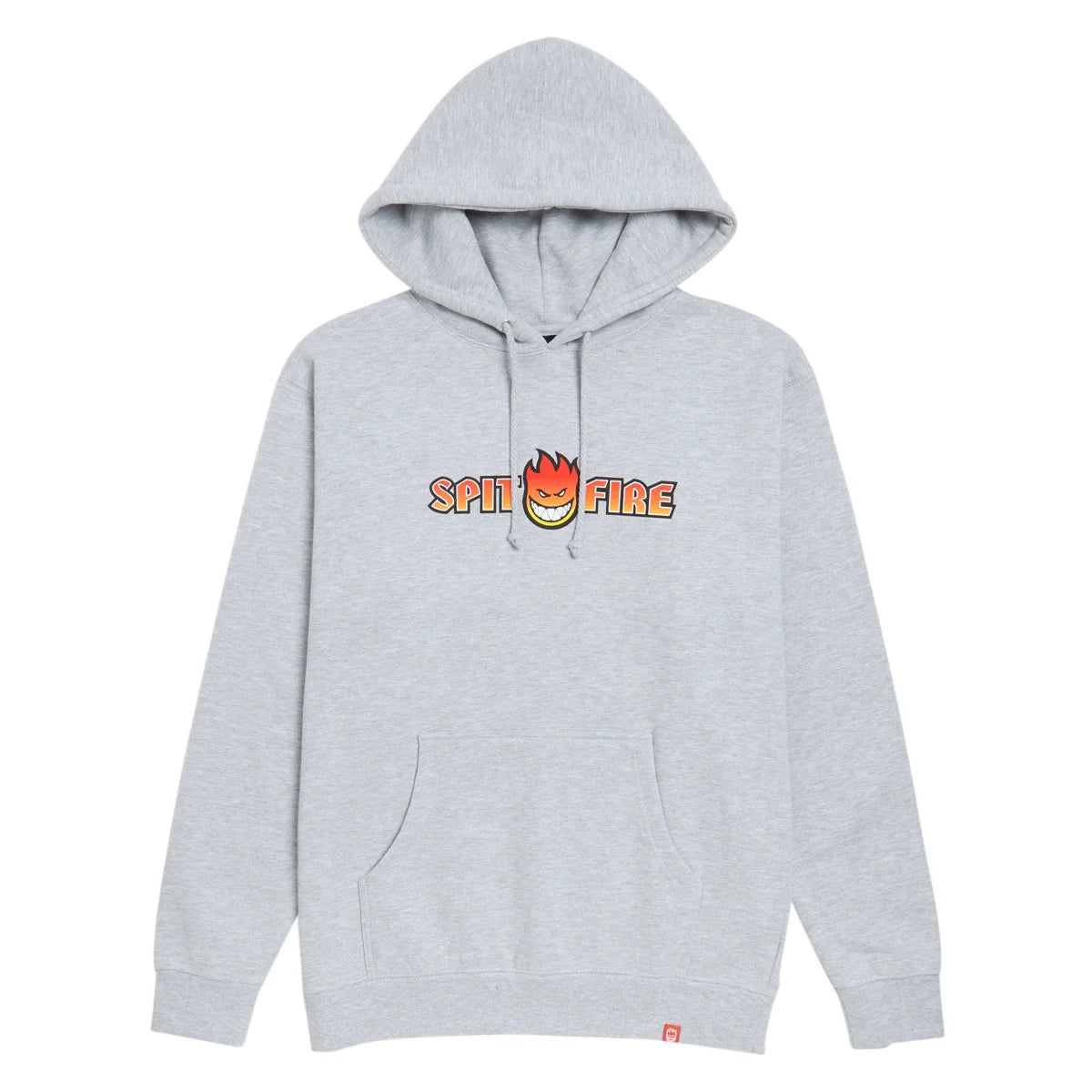 A light gray heather pullover hoodie featuring a 'SPIT FIRE' graphic on the chest with a cartoon flame face, displayed against a solid white background.