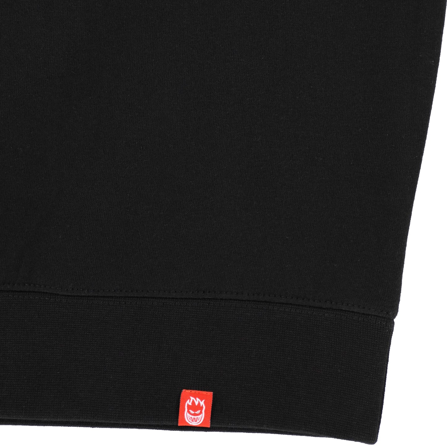Black sweatshirt with a red logo on the sleeve against a white background
