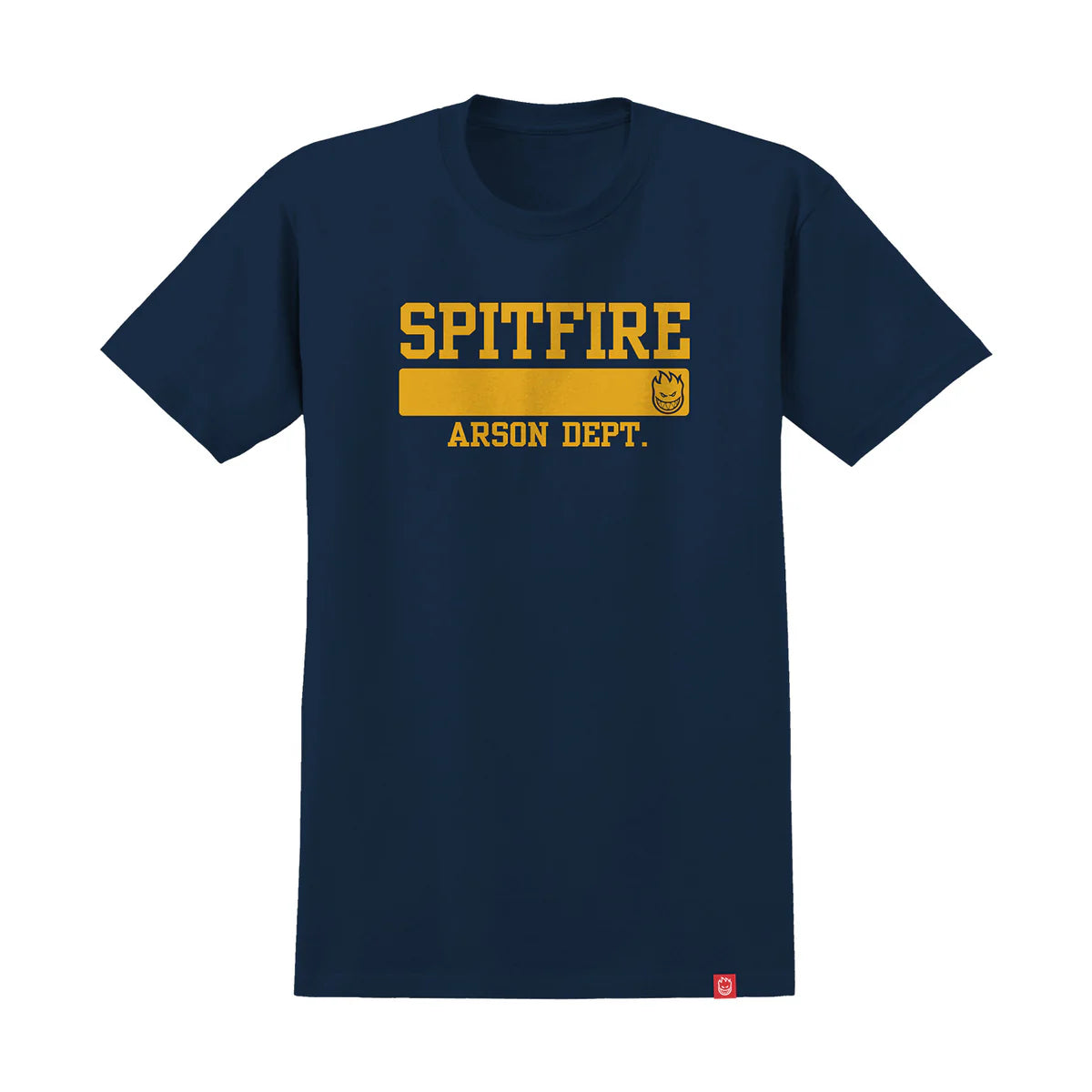 Navy blue t-shirt with yellow text 'SPITFIRE ARSON DEPT.' on a white background