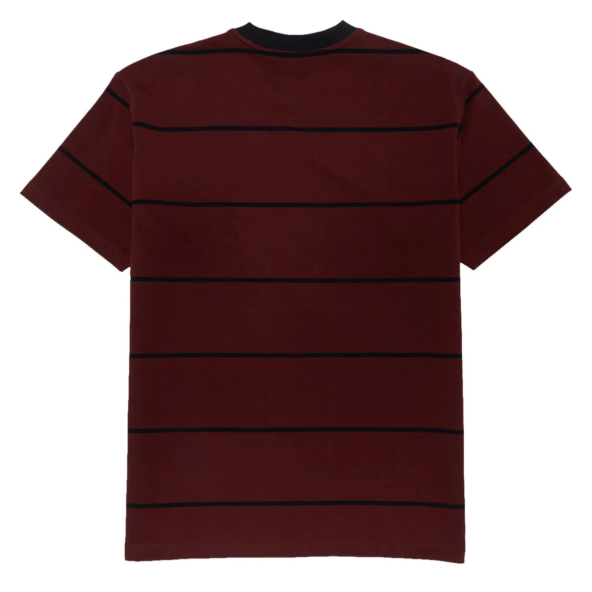 Maroon t-shirt with black stripes on a white background
