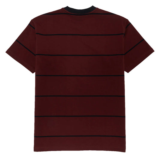 Maroon t-shirt with black stripes on a white background