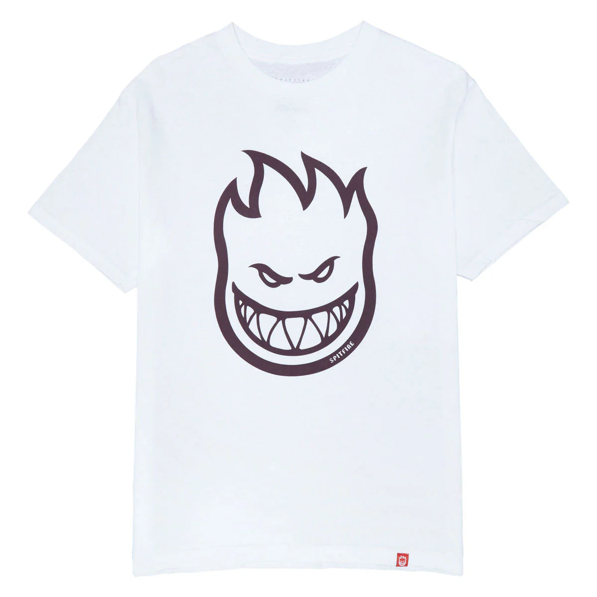 White t-shirt with a dark logo on a white background