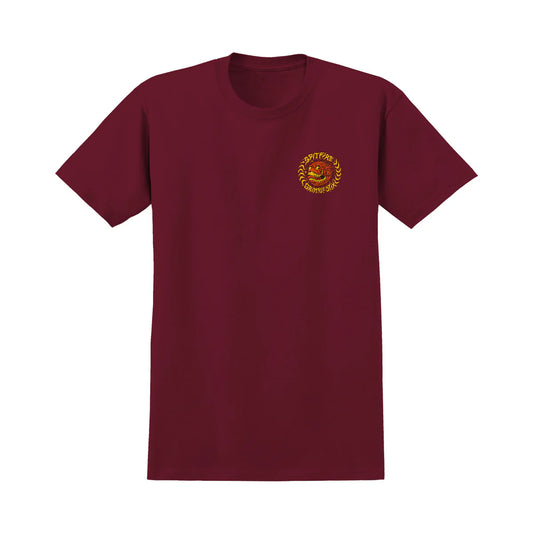 Maroon t-shirt with a yellow logo on a white background