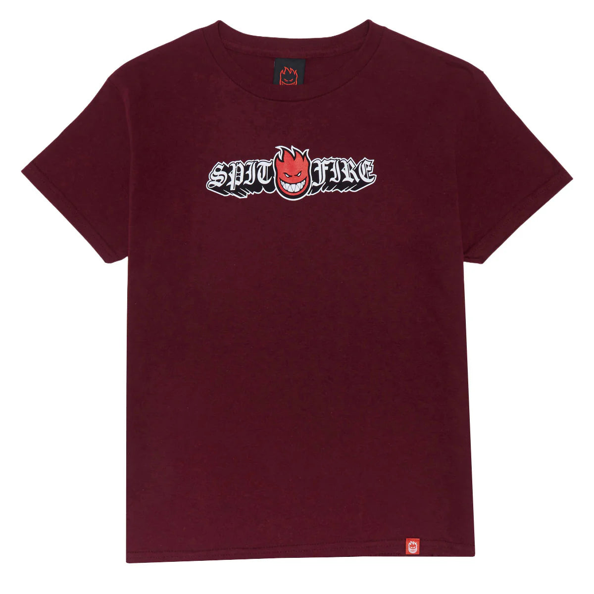 Maroon t-shirt with 'Spitfire' logo on a white background