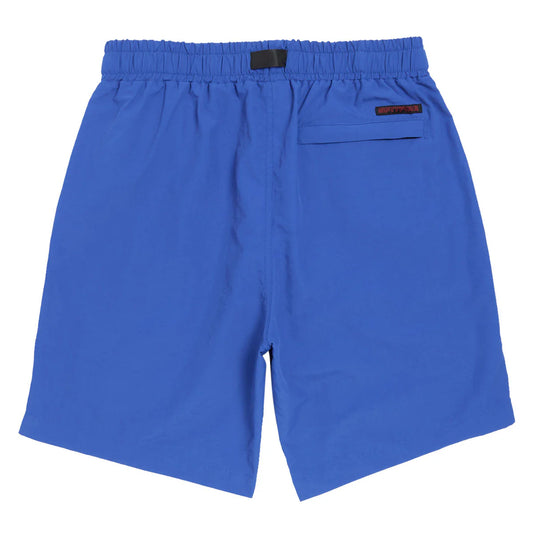 Blue shorts with a small logo on a white background