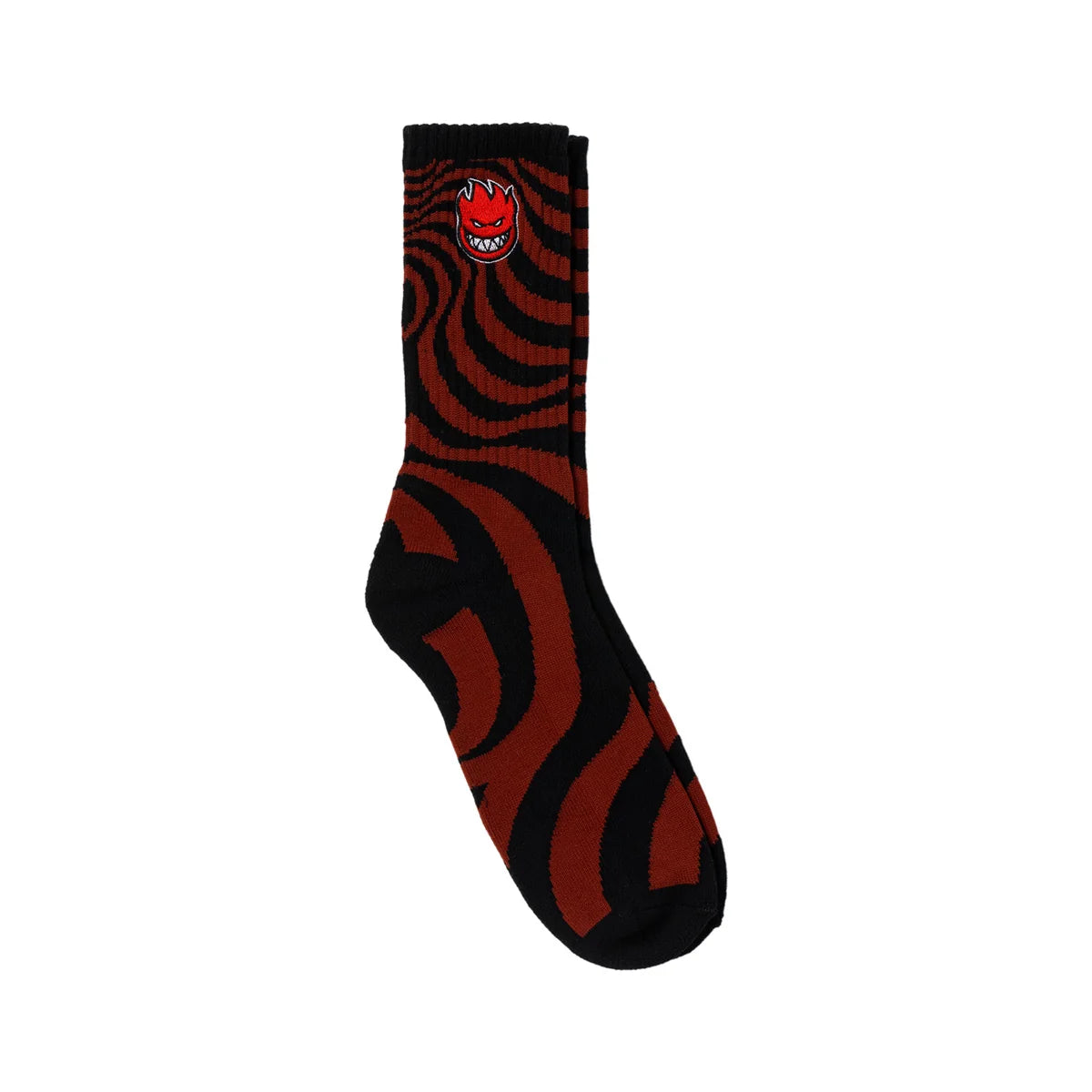 A single crew sock featuring a black and dark red wavy spiral pattern with a red devil logo on the cuff, shown against a plain white background.