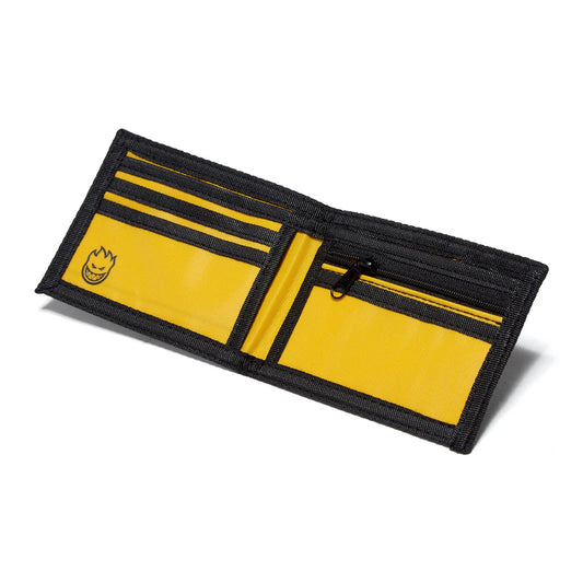 Yellow and black wallet with a logo on a white background