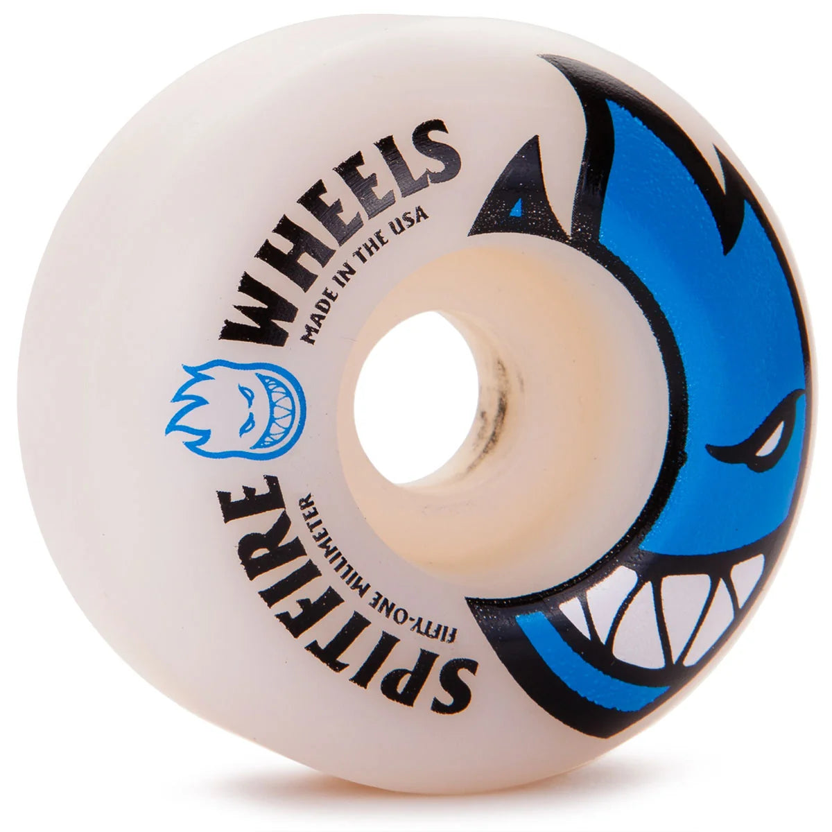 A single Spitfire wheels skateboard wheel, featuring a translucent off-white urethane body with black and blue graphics. The graphic includes the Spitfire logo, the text 'WHEELS MADE IN THE USA', and 'SPITFIRE 51 millimeter' alongside a stylized blue and black shark face design.