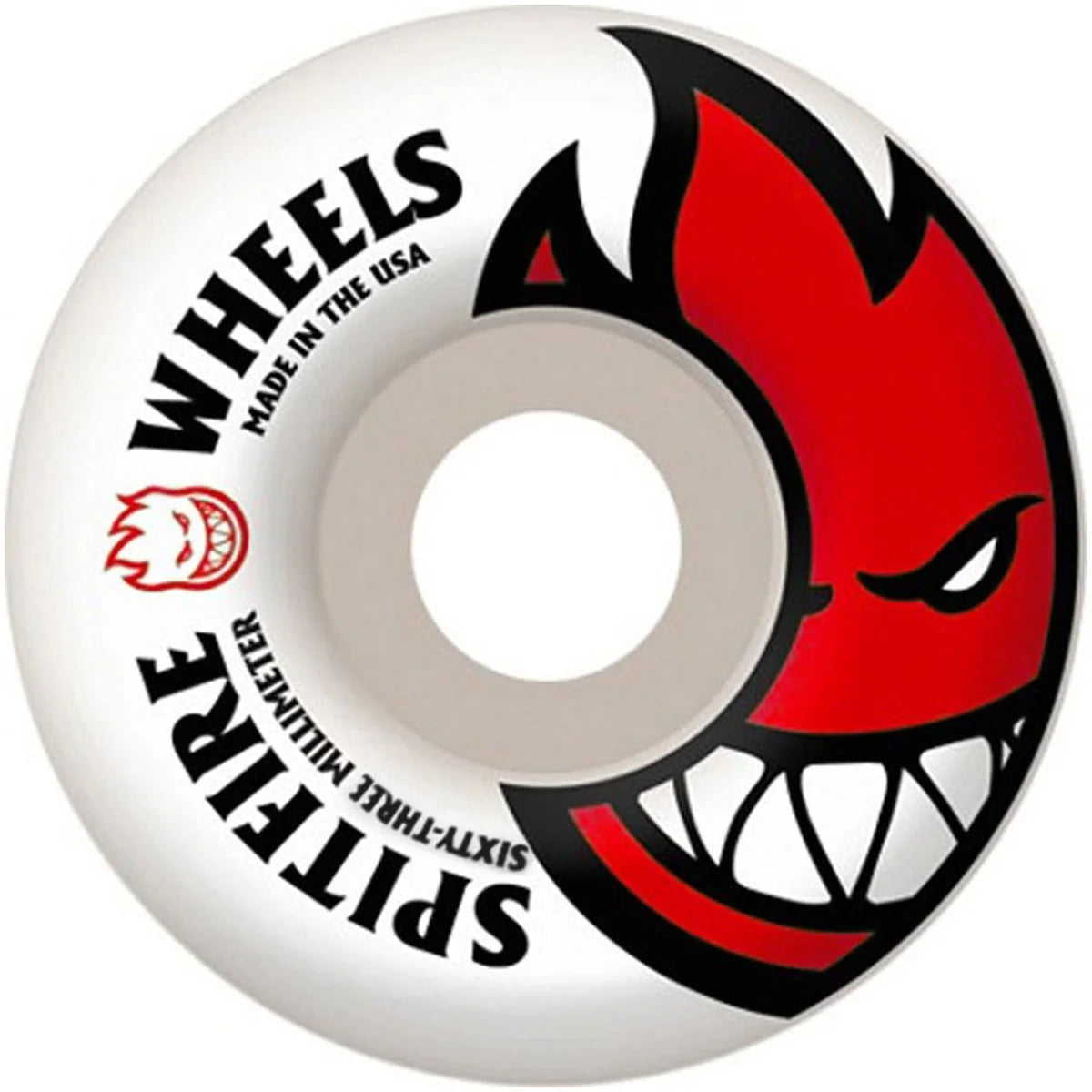 Spitfire skateboard wheel with red and black graphic design on a white background