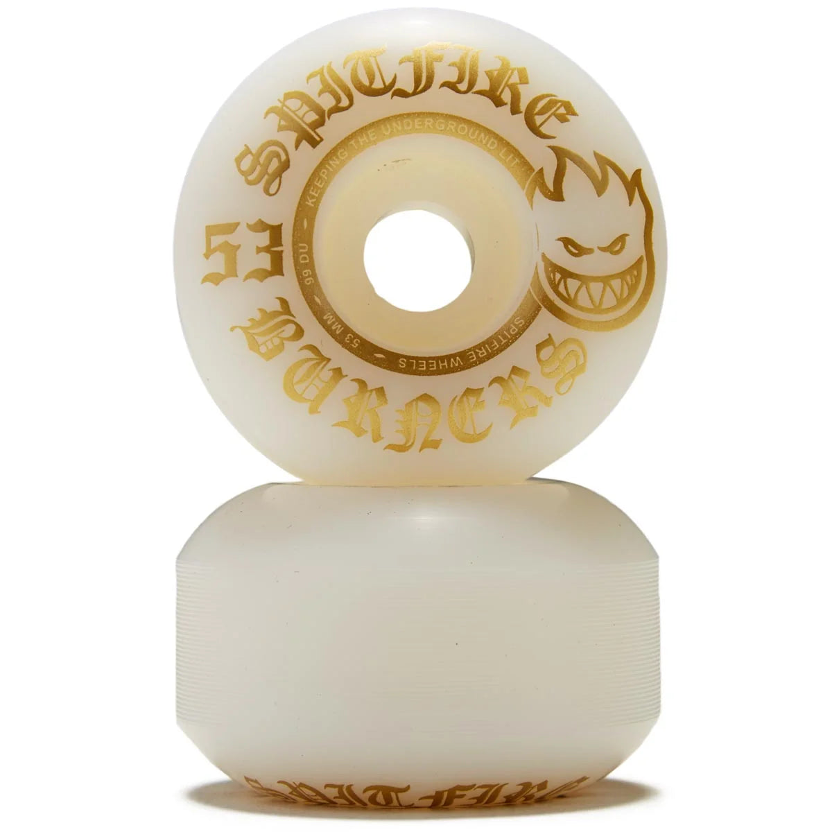Two white skateboard wheels with gold text on a white background