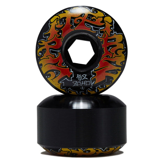 A pair of Fox 2040 skateboard wheels stacked vertically on a white background. The top wheel is shown upright to display the black hex core and the outer barrel, which features a vibrant graphic pattern of red, orange, and yellow flames with black outlines.