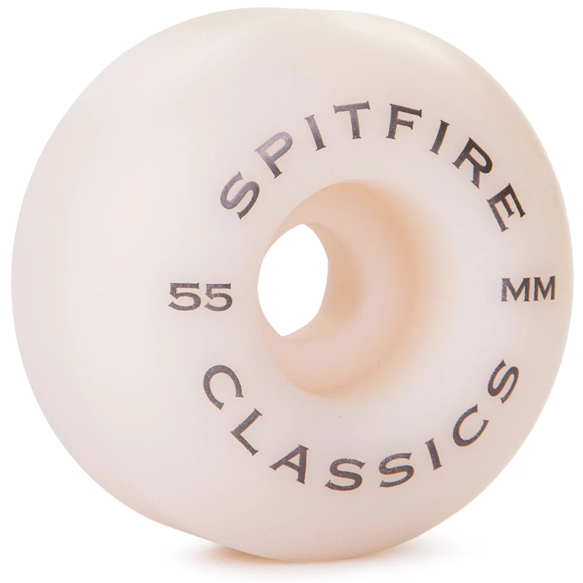 A single Spitfire Classics skateboard wheel in a translucent cream color, featuring black printed text reading 'SPITFIRE', 'CLASSICS', '55', and 'MM'.