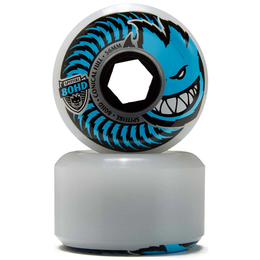 A pair of 80HD skateboard wheels stacked vertically. The top wheel is upright, showing a white urethane face with a black and blue graphic and text reading 'SPITfires • 80HD'.