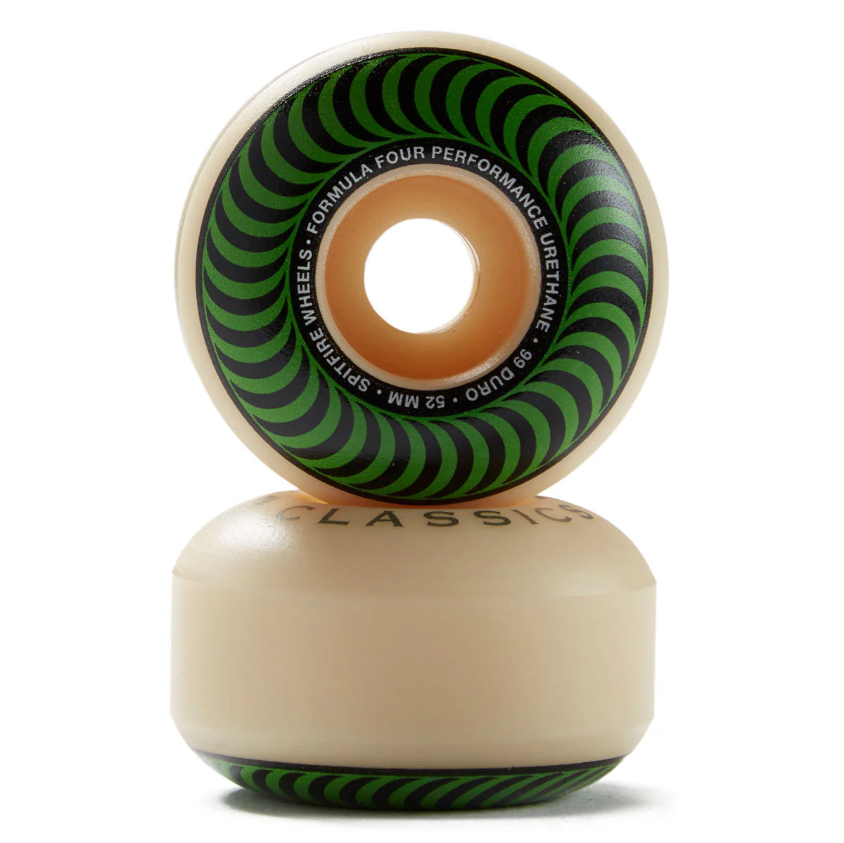 A pair of classic skateboard wheels stacked vertically on a white background. The top wheel is shown from the side, displaying a green and black spiral pattern with white text that reads 'WHEELS - FORMULA FOUR PERFORMANCE UNRETIRED' and '79 DURO 52 MM'.