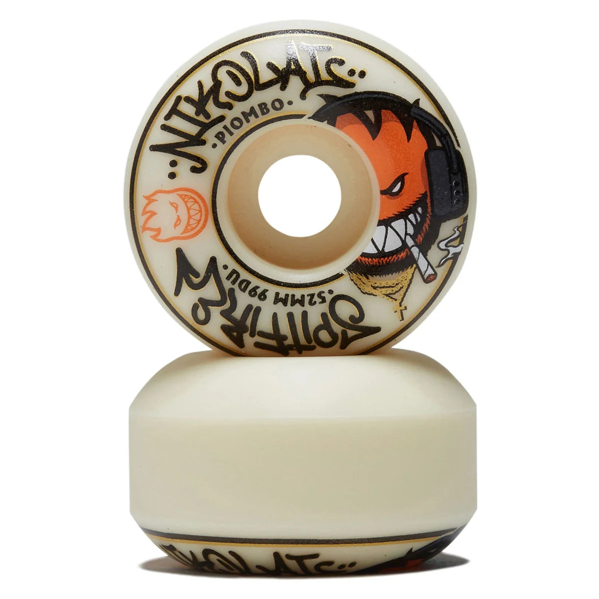 Skateboard wheel with colorful graphics and branding on a white background