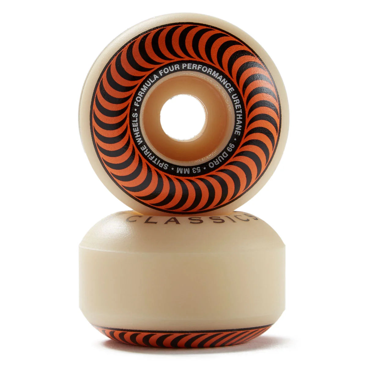A pair of classic skateboard wheels stacked vertically on a white background. The wheels have a translucent cream-colored urethane body with a black and orange spiral pattern printed on the inner side.
