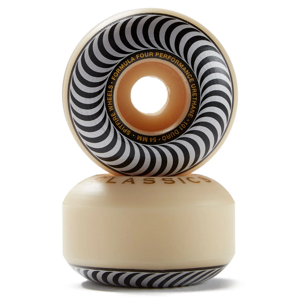 A set of two skateboard wheels stacked vertically on a white background. The top wheel is shown from the side, displaying a black and white spiral pattern with gold text that reads 'WHEELS - FORMULA FOUR PERFORMANCE DURABILITY - 101D - 54mm'.