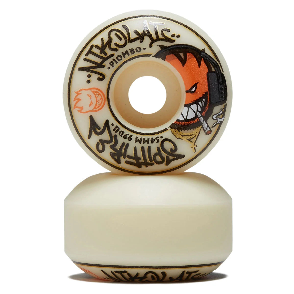 Skateboard wheel with brand logos and graphics on a white background