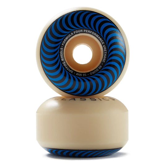 Two skateboard wheels with blue and black pattern on a white background