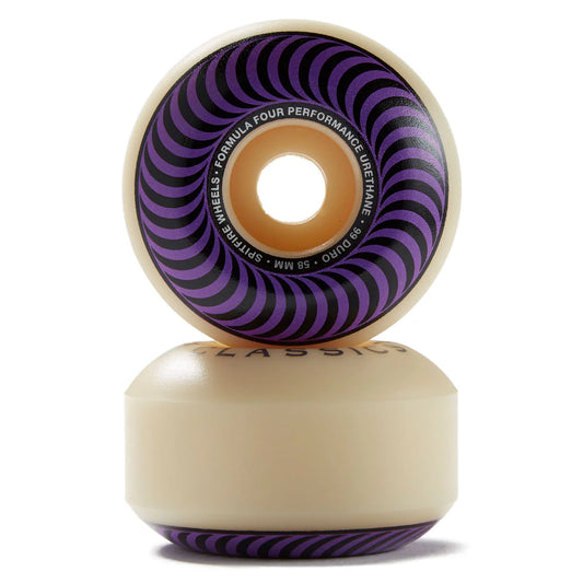A classic four-performance skateboard wheel shown from the side, stacked on its base. The wheel features a purple and black spiral pattern on the inner barrel, a beige sidewall, and a tan center core.
