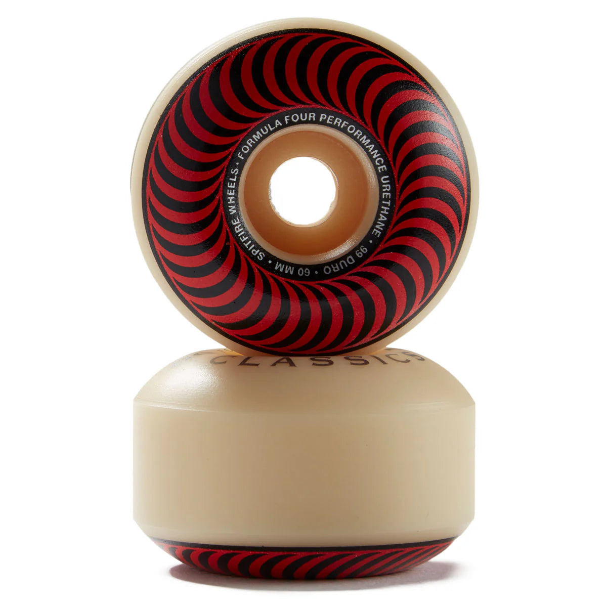 A pair of classic skateboard wheels stacked vertically, showing the red and black spiral pattern on the inner barrel and the cream-colored urethane outer edge and base.