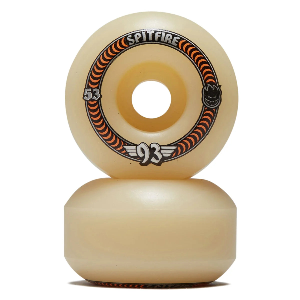 Two Spitfire longboard wheels stacked vertically on a white background, featuring a translucent cream-colored urethane with a black and orange graphic ring.