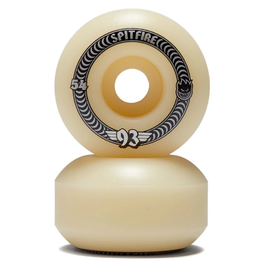 Two beige skateboard wheels with a black and white logo on a white background
