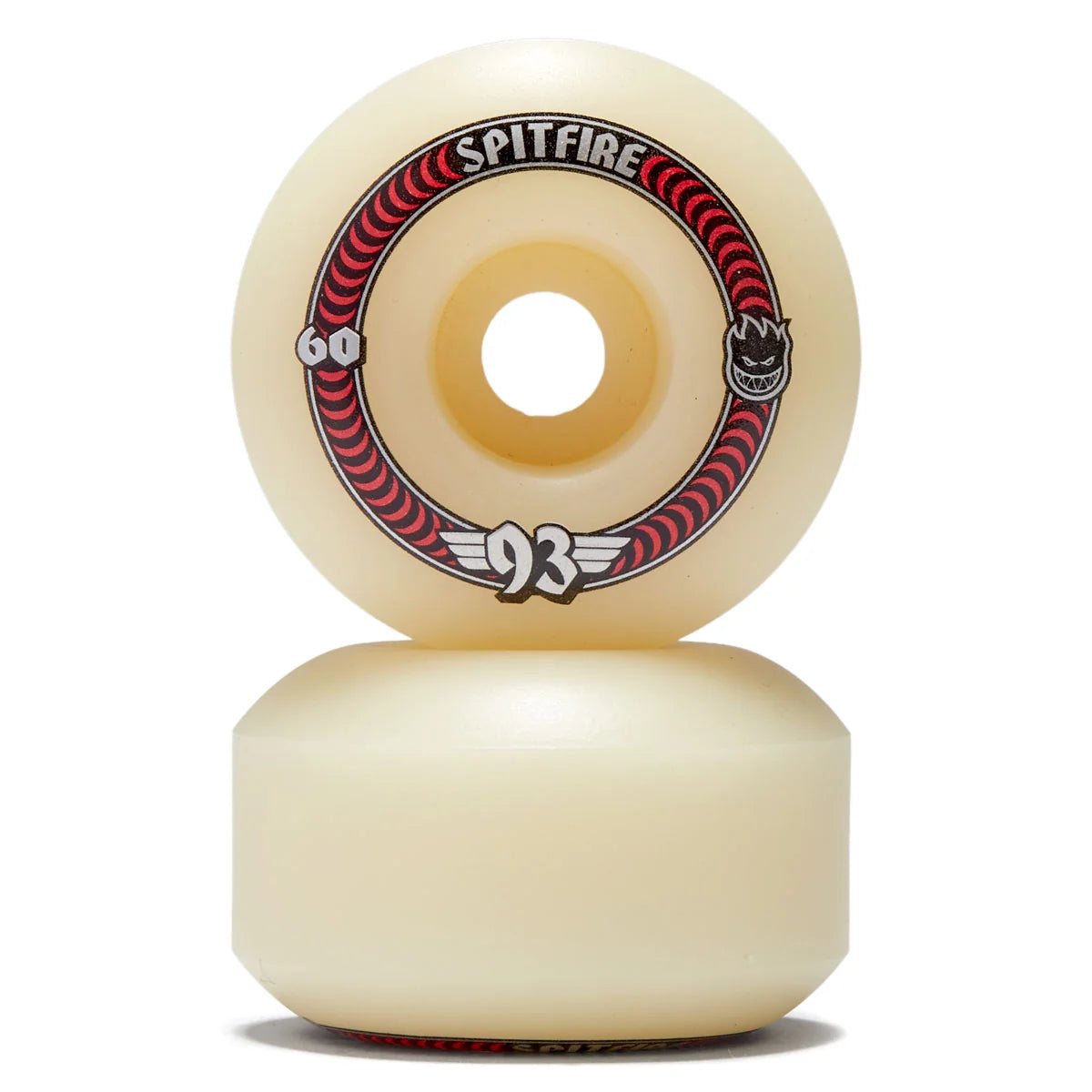 Two cream-colored skateboard wheels with a red and black logo on a white background