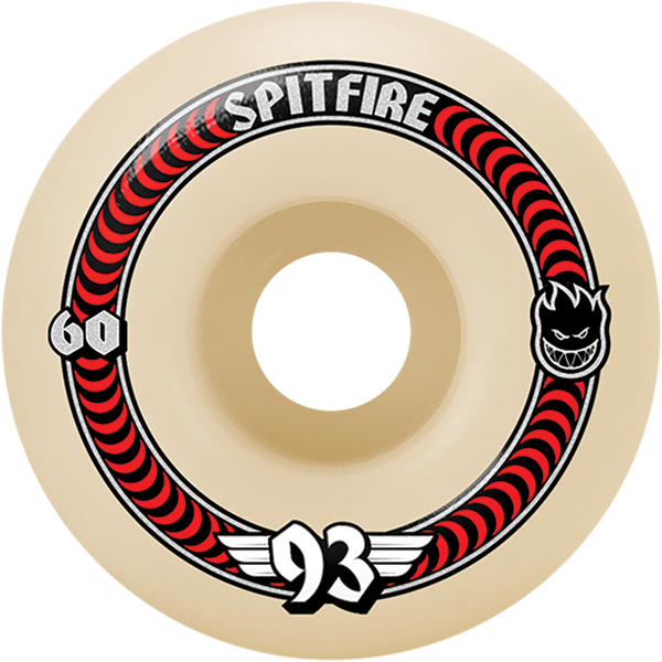Spitfire skateboard wheel with red and black design on a beige background