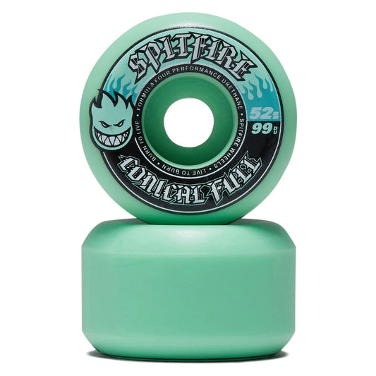 A mint green skateboard wheel stacked on top of its matching green base, featuring the Spitfire logo and a black graphic label on a clean white background.