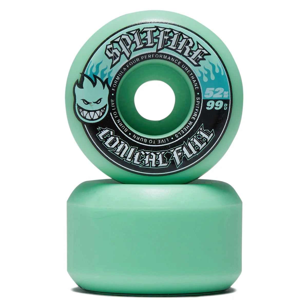 A mint green skateboard wheel stacked on top of its matching green base, featuring the Spitfire logo and a black graphic label on a clean white background.