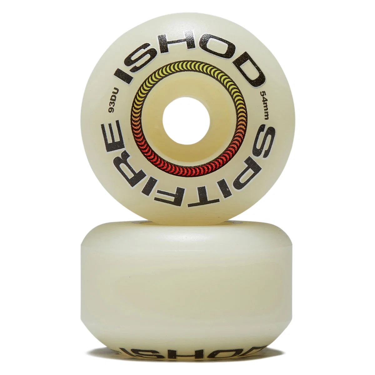 A pair of off-white skateboard wheels stacked vertically on a white background, with the top wheel showing the brand name 'ISHOD' and model 'SPITFIRE' in black text with a red and yellow graphic ring.