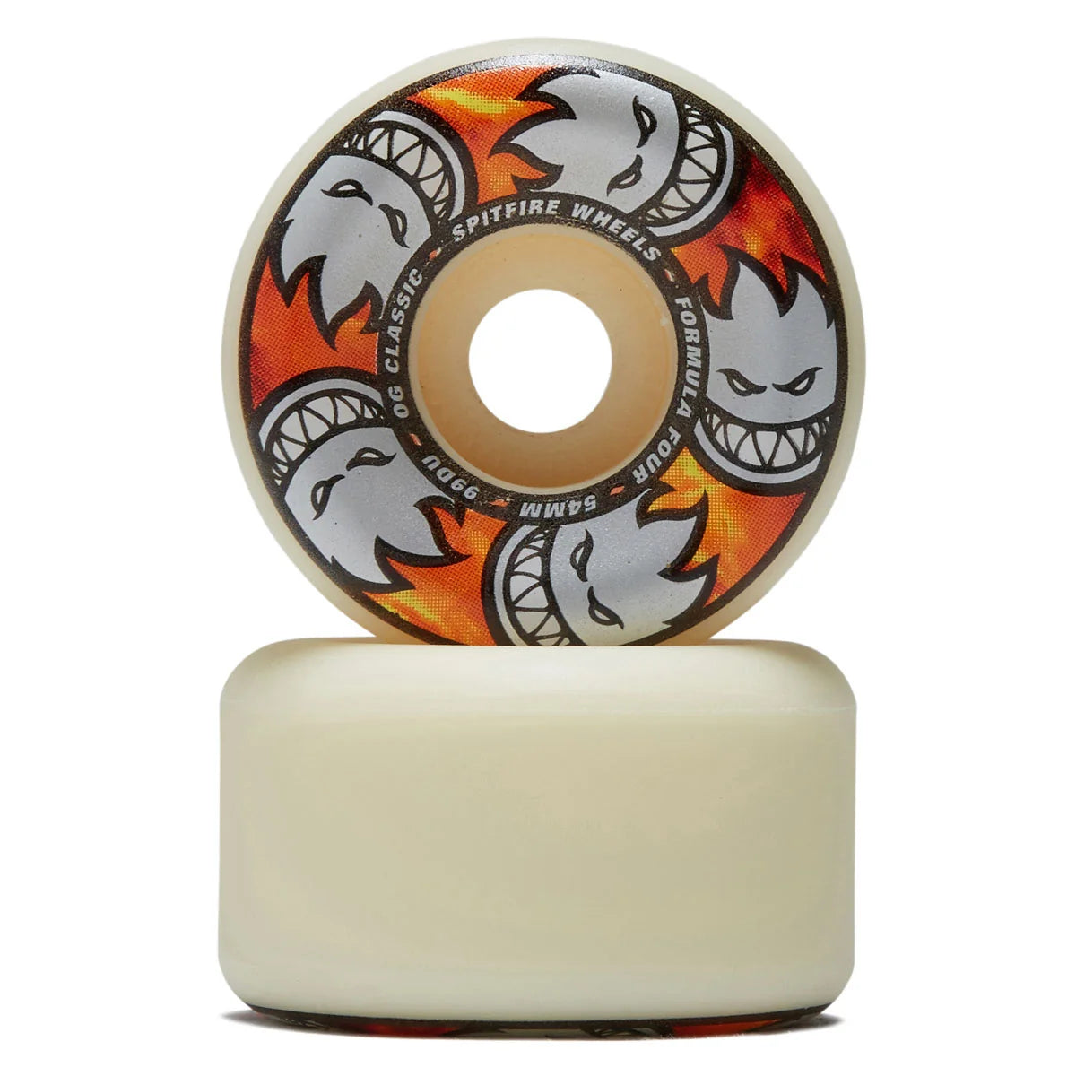 Skateboard wheel with colorful design and 'Spitfire Wheels' branding on a white background