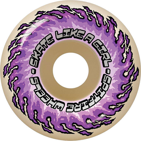 Skateboard wheel with purple and beige design and text on a white background