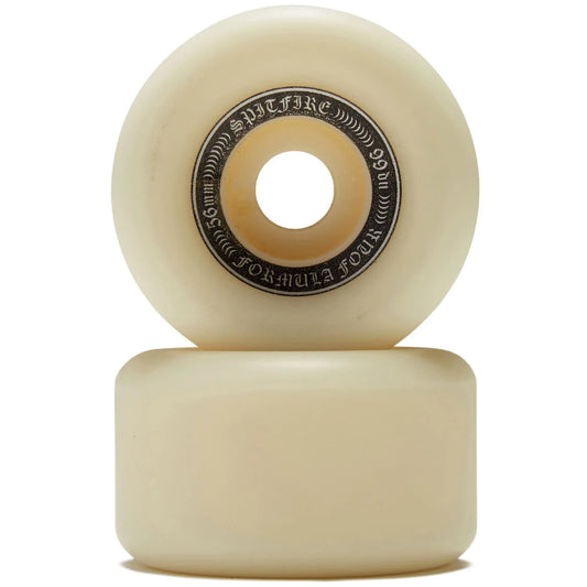 Two off-white skateboard wheels stacked vertically on a white background, with the top wheel showing its black inner hub with 'SPITFIRE' branding.