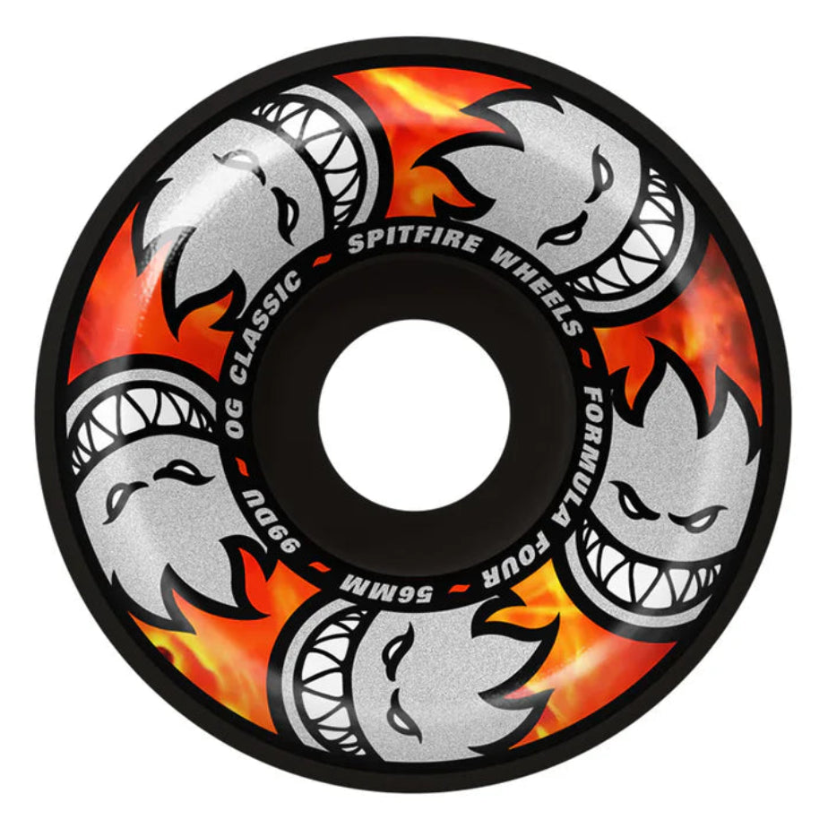 Spitfire Wheels skateboard wheel with flame design and shark mouth logo on a white background