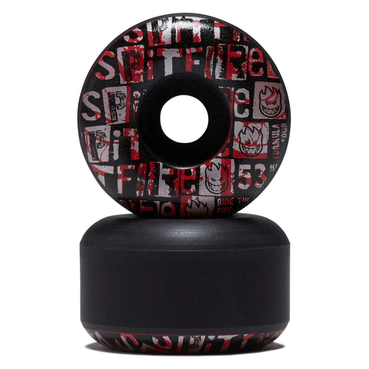 A pair of skateboard wheels stacked vertically on a white background. The top wheel shows a black, red, and white graphic pattern with the text 'SPITFIRE' and flame logos, while the bottom wheel is a solid matte black.