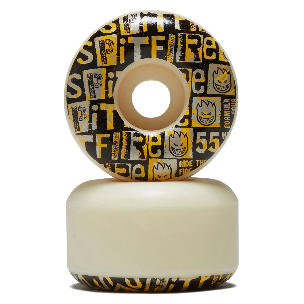 Skateboard wheels with black and yellow design on a white background