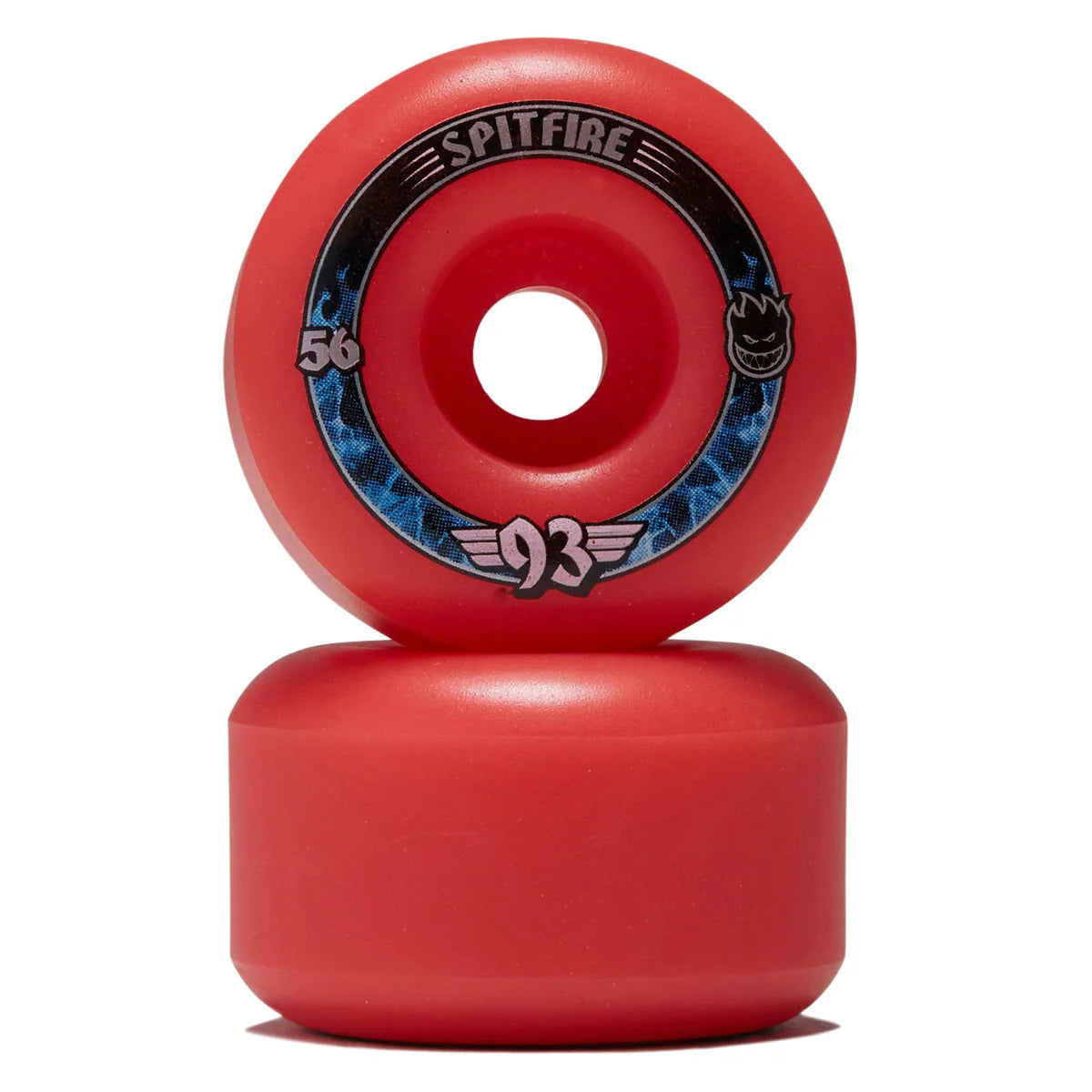 Two red Spitfire skateboard wheels stacked vertically on a white background, with the top wheel showing the brand name, a blue graphic ring, and the number 93.