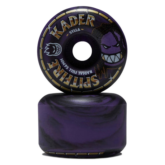 A pair of purple skateboard wheels stacked vertically on a white background. The top wheel shows the brand name 'KADER' and the model 'SPITfire', along with a purple cartoon character graphic and gold lettering.