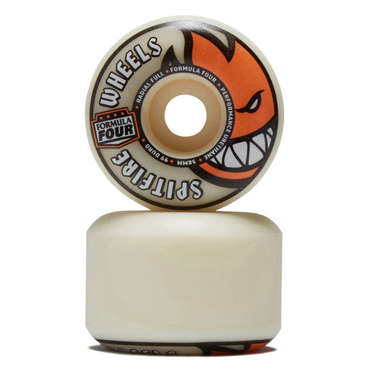 A Santa Cruz Spitfire Formula Four skateboard wheel shown upright with its matching blank visible below, on a clean white background. The wheel features an orange fox face logo and black text, and the blank is a solid cream color.