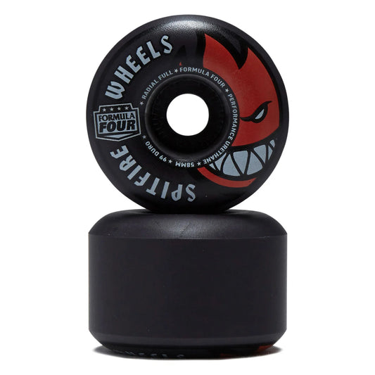 Black skateboard wheel with red and white design on a white background