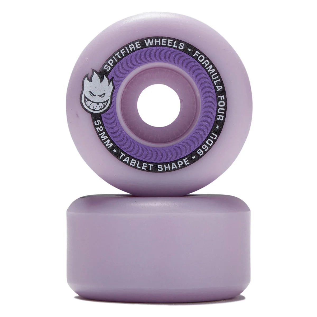 A pair of lavender purple Spitfire Wheels skateboard wheels, with one wheel standing upright to show the inner label details and the other lying flat below it, on a clean white background.