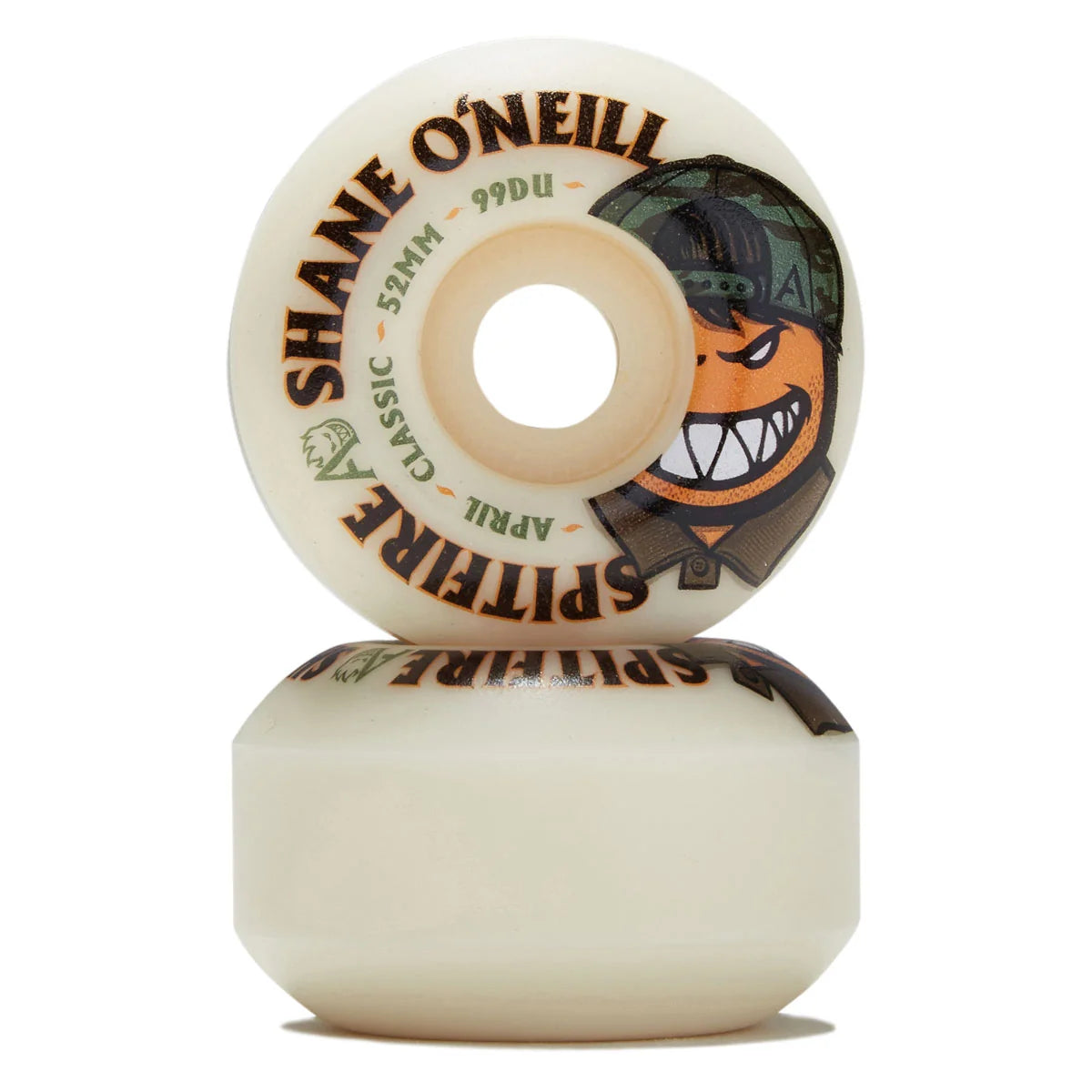 A pair of Shane O'Neill Spitfire Classic 99DU skateboard wheels in an off-white/cream color, stacked vertically on a white background. The top wheel is oriented vertically to show the graphic design featuring the text 'SHANE O'NEILL', 'SPITIRE', 'CLASSIC', 'APRIL', and '99DU', alongside a cartoon graphic of a smiling orange face wearing a green camouflage cap.