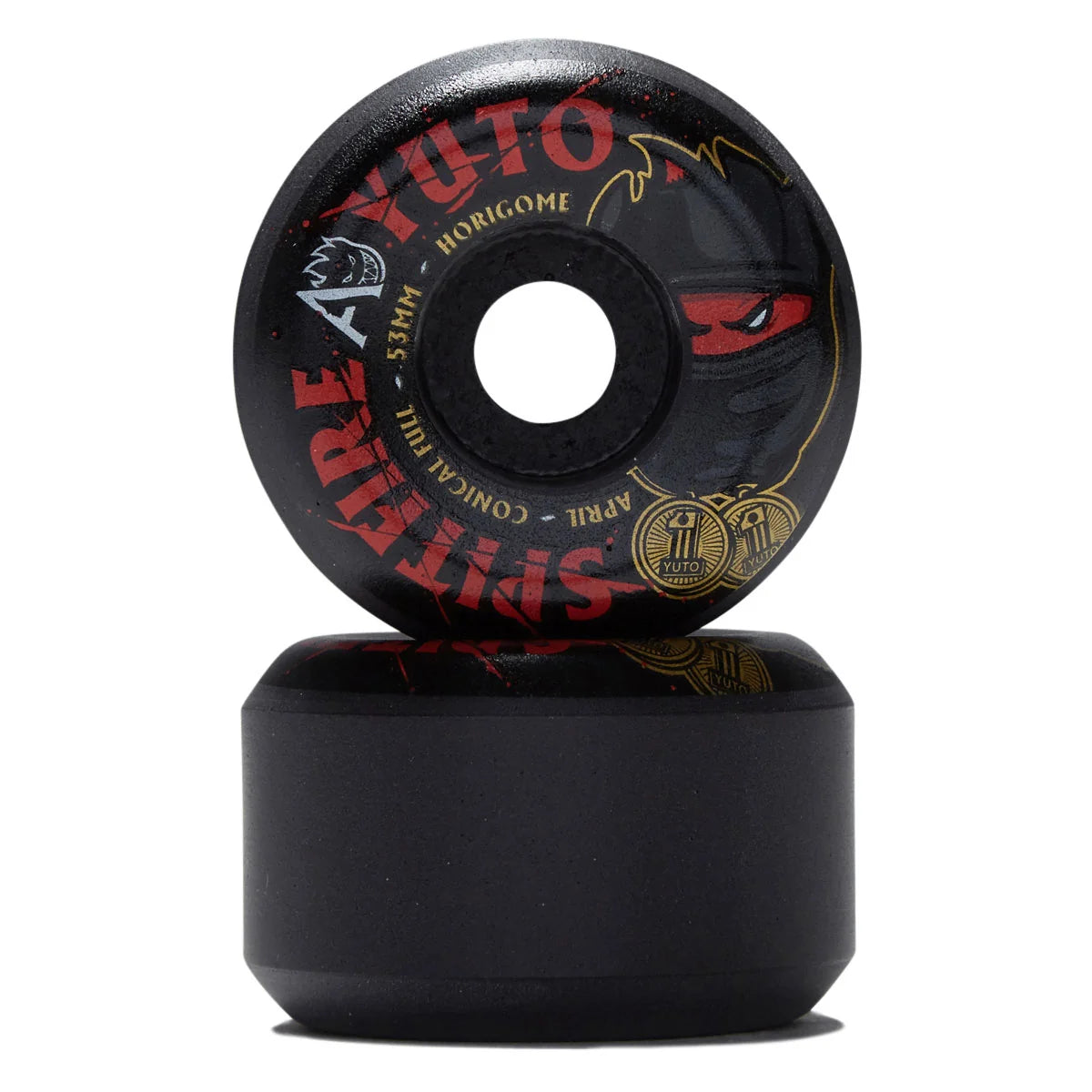 A pair of black skateboard wheels stacked vertically on a white background. The top wheel features red and gold graphics with the text 'YUTO', 'HORIgOME', 'SPIT FIRE', 'APRIL', and 'CONICAL FILL'.