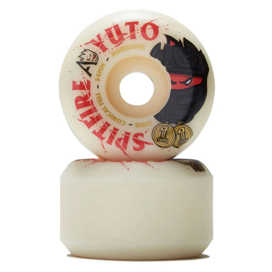 A pair of Spitfire A Yuto skateboard wheels stacked vertically on a white background. The wheels are cream-colored with red and black graphics, including the Spitfire logo, 'AYUTO' text, and a ninja character.